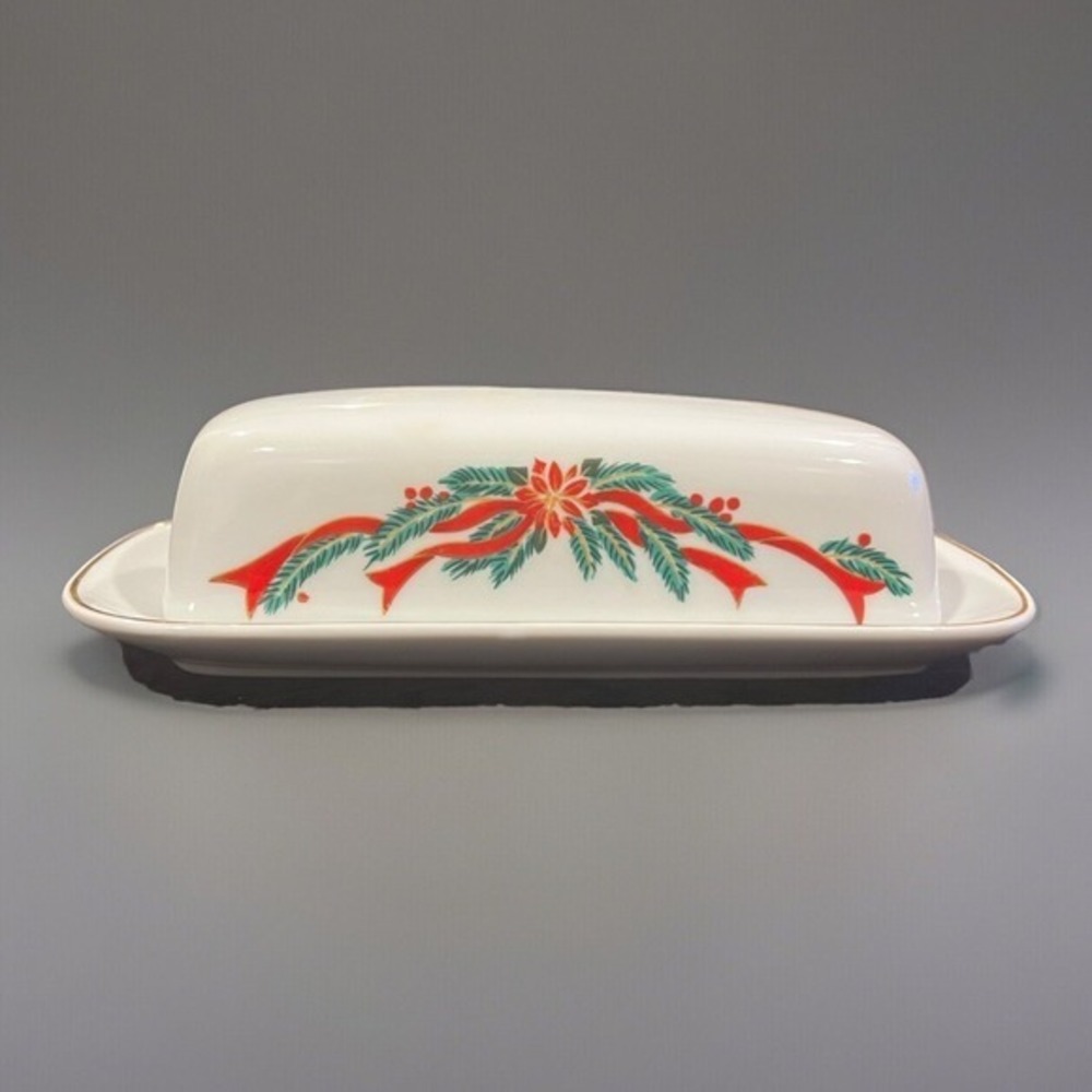 Poinsettia & Ribbons Vintage Christmas Fine China Butter Dish - Picture 1 of 5